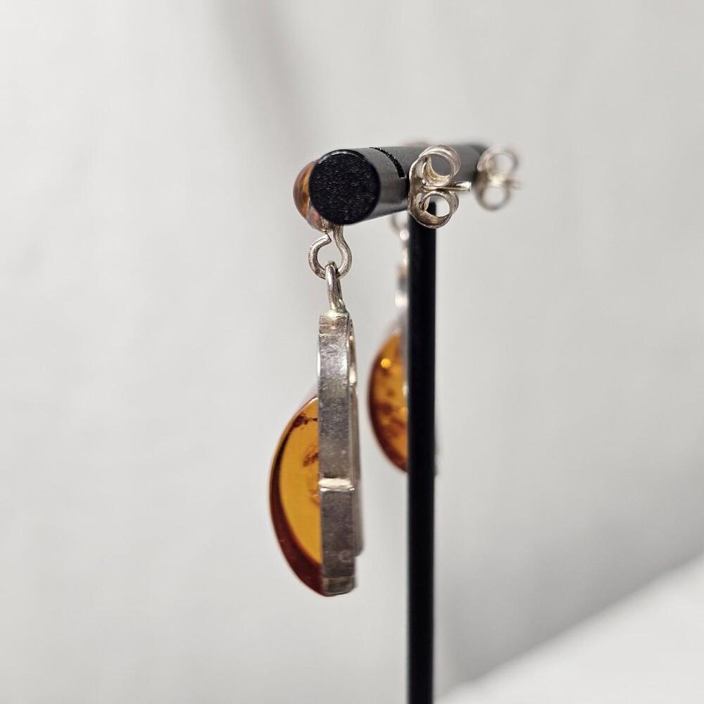 Vintage Sterling Silver Genuine Amber Stone Tube Bar Jar Dangling Stud Earrings - Picture 5 of 10